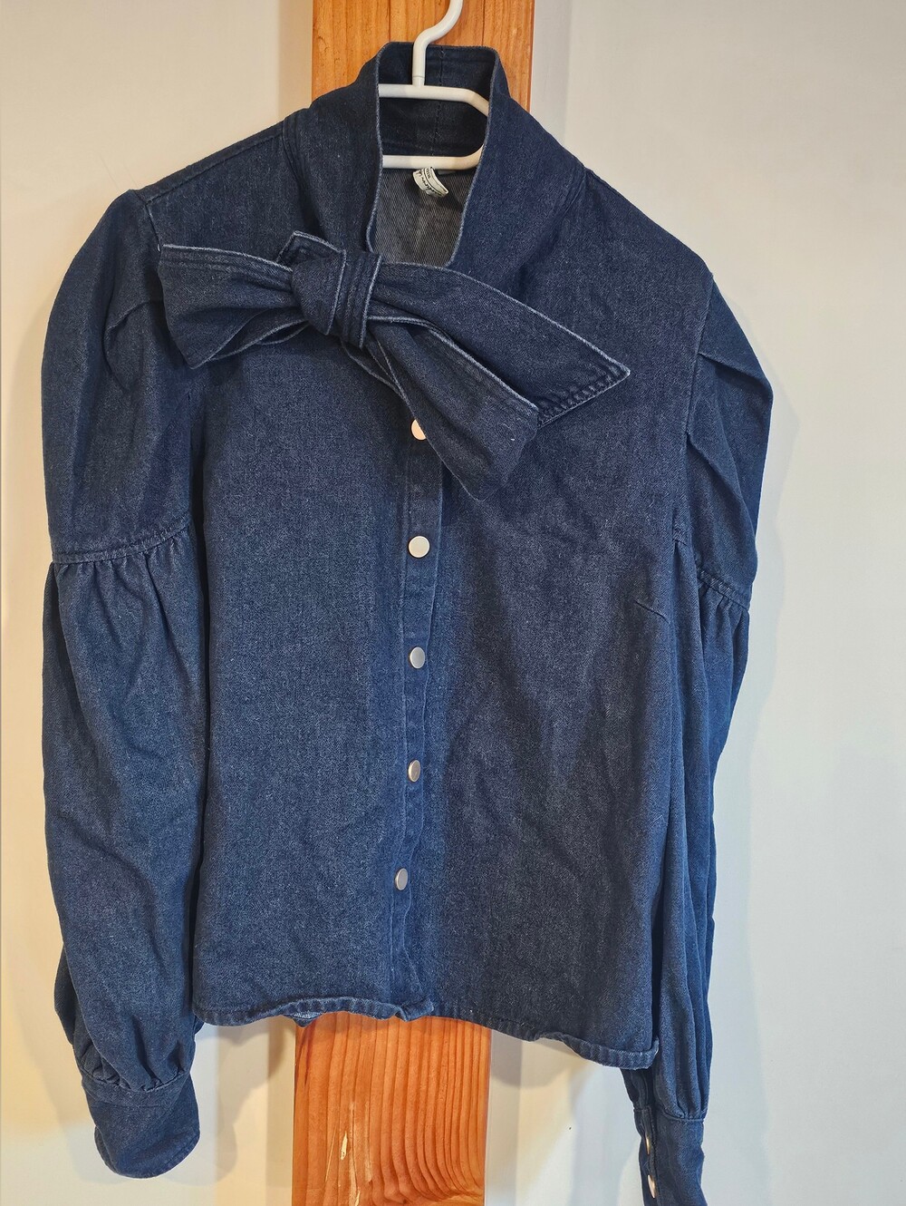 Vintage 1980s Navy Denim Bow-Tie Button Blouse